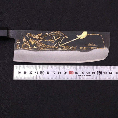Nakiri Blue Steel #2 Kurouchi Chokin Kappa Pêcheur Endormi Manche en Buffle et Ébène 165mm-[Musashi]-[Couteaux de cuisine japonais]