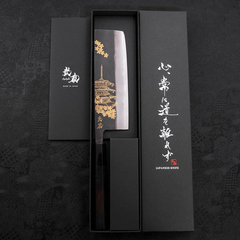 Nakiri Blue Steel #2 Kurouchi Chokin Pagode à Cinq Etages Sakura Manche en Buffle et Ébène 165mm-[Musashi]-[Couteaux de cuisine japonais]