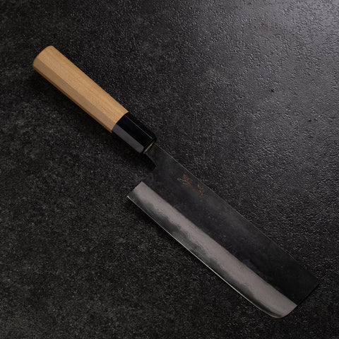 Nakiri Blue Steel #2 Kurouchi Damascus Buffalo Magnolia Handle 165mm (6.5”)-[Musashi]-[Japanese-Kitchen-Knives]