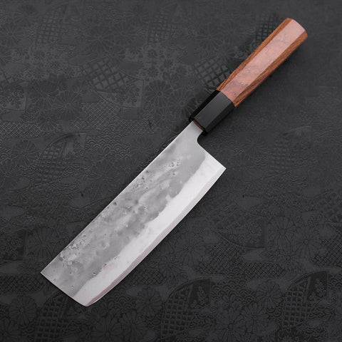 Nakiri Blue Steel #2 Stainless Clad Nashiji Buffalo Teak Handle 165mm (6.5”)-[Musashi]-[Couteaux de cuisine japonais]