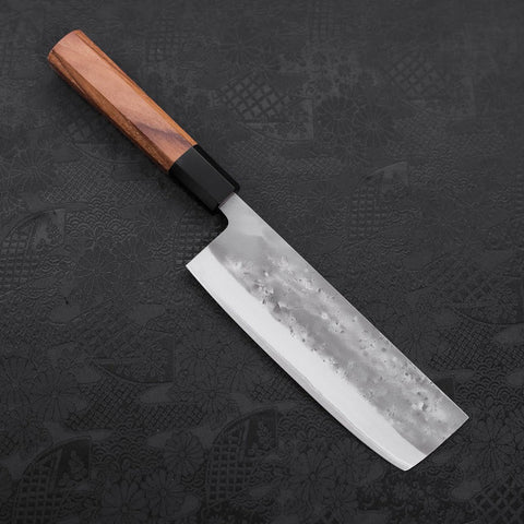 Nakiri Blue Steel #2 Stainless Clad Nashiji Buffalo Teak Handle 165mm (6.5”)-[Musashi]-[Couteaux de cuisine japonais]