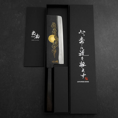 Nakiri Blue steel #2 Kurouchi Chokin Auspicious Cloud-Sun Manche en Buffle et Ébène 165mm-[Musashi]-[Couteaux de cuisine japonais]