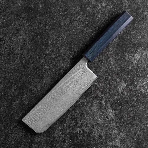 Nakiri Silver Steel #3 Nawame Damas Manche Urushi Bleu Sombre 165mm-[Musashi]-[Couteaux de cuisine japonais]
