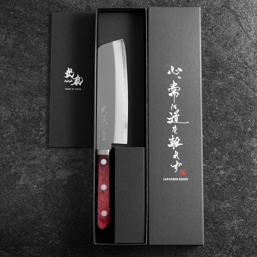 Nakiri Stainless Clad Blue Super Polished Western Black Red Handle 160mm (6.3”)-[Musashi]-[Couteaux de cuisine japonais]