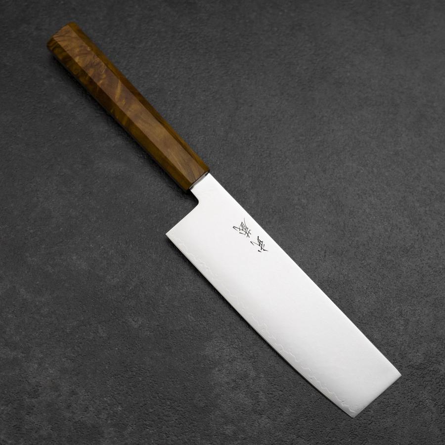 Nakiri VG-10 Damas Jaune Brun Manche en Bois de Bouleau 170mm-[Musashi]-[Couteaux de cuisine japonais]