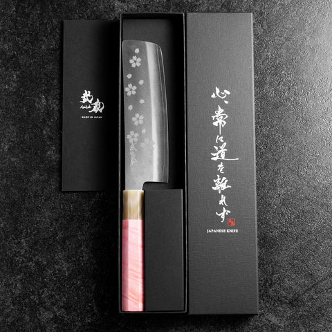 Nakiri VG-10 Poli Sakura Manche en Buffle et Érable Rose Sombre 165mm-[Musashi]-[Couteaux de cuisine japonais]