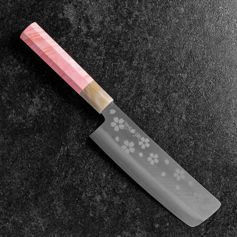 Nakiri VG-10 Poli Sakura Manche en Buffle et Érable Rose Sombre 165mm-[Musashi]-[Couteaux de cuisine japonais]