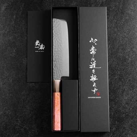 Nakiri VG-10 Tsuchime Damas Manche en Buffle et Érable Rose foncé 170mm-[Musashi]-[Couteaux de cuisine japonais]