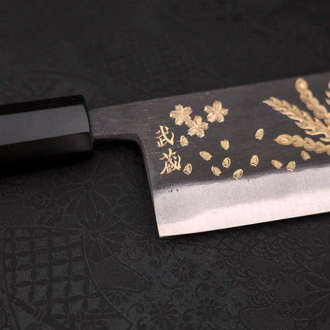 Nakiri White Steel #2 Kurouchi Chokin Phoenix Buffalo Ebony Handle 165mm (6.5”)-[Musashi]-[Couteaux de cuisine japonais]