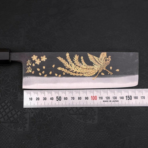 Nakiri White Steel #2 Kurouchi Chokin Phoenix Buffalo Ebony Handle 165mm (6.5”)-[Musashi]-[Couteaux de cuisine japonais]