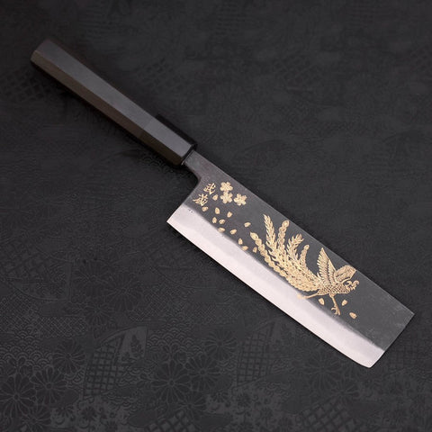 Nakiri White Steel #2 Kurouchi Chokin Phoenix Buffalo Ebony Handle 165mm (6.5”)-[Musashi]-[Couteaux de cuisine japonais]