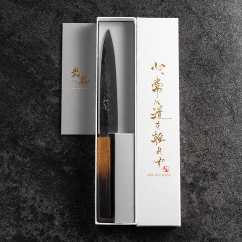 Petty AUS-8 Revêtement inox Kurouchi Tsuchime Manche Yaki Urushi 155mm-[Musashi]-[Couteaux de cuisine japonais]