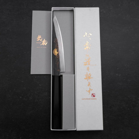 Petty Blue Steel #1 Kurouchi Chokin Soleil et Nuage Chanceux Manche en Buffle et Ébène 150mm-[Musashi]-[Couteaux de cuisine japonais]