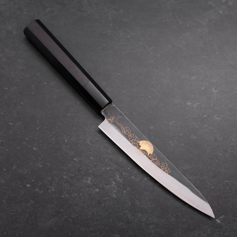 Petty Blue Steel #1 Kurouchi Chokin Soleil et Nuage Chanceux Manche en Buffle et Ébène 150mm-[Musashi]-[Couteaux de cuisine japonais]