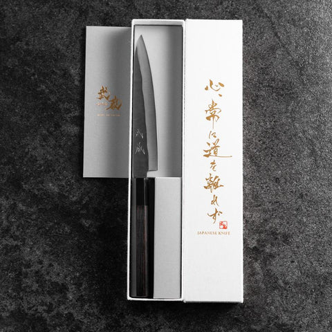 Petty Blue Steel #1 Revêtement inox Kurouchi Manche en Buffle et Ébène 150mm-[Musashi]-[Couteaux de cuisine japonais]