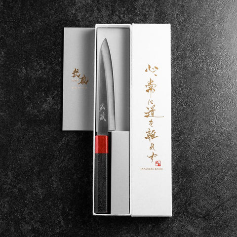 Petty Blue Steel #1 Revêtement inox Poli Manche Urushi Rouge Noir 150mm-[Musashi]-[Couteaux de cuisine japonais]