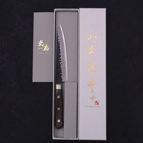 Petty Blue Super Revêtement Inox Kurouchi Tsuchime Manche Occidental Marron 135mm-[Musashi]-[Couteaux de cuisine japonais]