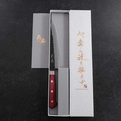 Petty Blue Super Revêtement Inox Kurouchi Tsuchime Manche Occidental Rouge 150mm-[Musashi]-[Couteaux de cuisine japonais]