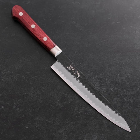 Petty Blue Super Revêtement Inox Kurouchi Tsuchime Manche Occidental Rouge 150mm-[Musashi]-[Couteaux de cuisine japonais]