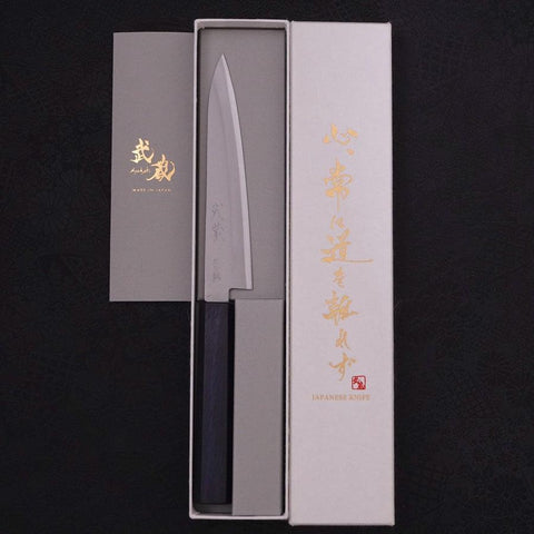 Petty Blue Super Revêtement Inox Poli Manche Urushi Bleu Sombre 145mm-[Musashi]-[Couteaux de cuisine japonais]