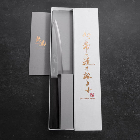 Petty Blue Super Revêtement Inox Poli Manche en Buffle et Ébène 145mm-[Musashi]-[Couteaux de cuisine japonais]