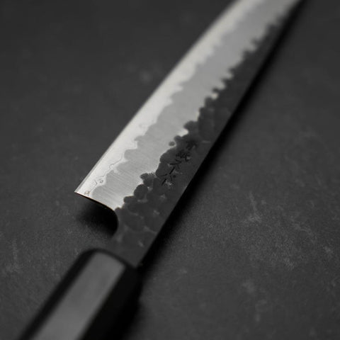 Petty Revêtement Inox Blue Super Kurouchi Tsuchime Manche en Buffle et Ébène 135mm-[Musashi]-[Couteaux de cuisine japonais]