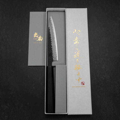 Petty Revêtement Inox Blue Super Kurouchi Tsuchime Manche en Buffle et Ébène 135mm-[Musashi]-[Couteaux de cuisine japonais]