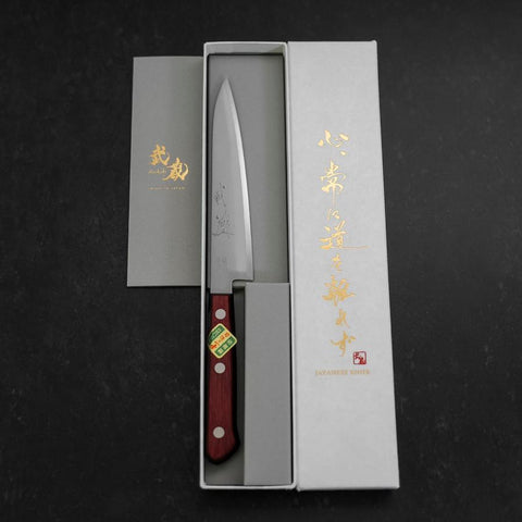 Petty Revêtement Inox Blue Super Poli Manche Occidental Rouge et Noir 150mm-[Musashi]-[Couteaux de cuisine japonais]