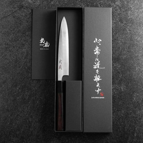 Petty Revêtement Inox White Steel #2 Poli Manche en Buffle et Ébène 170mm-[Musashi]-[Couteaux de cuisine japonais]