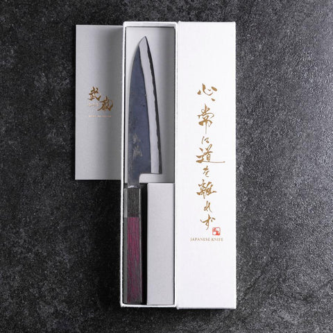 Petty Revêtement inox Blue Steel #2 Kurouchi Manche Urushi Pourpre 150mm-[Musashi]-[Couteaux de cuisine japonais]