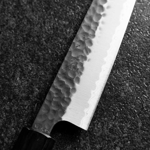 Petty Revêtement inox Blue Super Kurouchi Tsuchime Manche en Buffle et Magnolia 150mm-[Musashi]-[Couteaux de cuisine japonais]