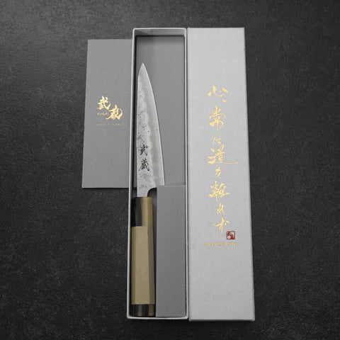 Petty Silver Steel #3 Nashiji Manche en Magnolia avec Double Embouts en Buffle 135mm-[Musashi]-[Couteaux de cuisine japonais]