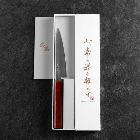 Petty VG-10 Damas Manche Urushi Rouge Yamanaka 135mm-[Musashi]-[Couteaux de cuisine japonais]