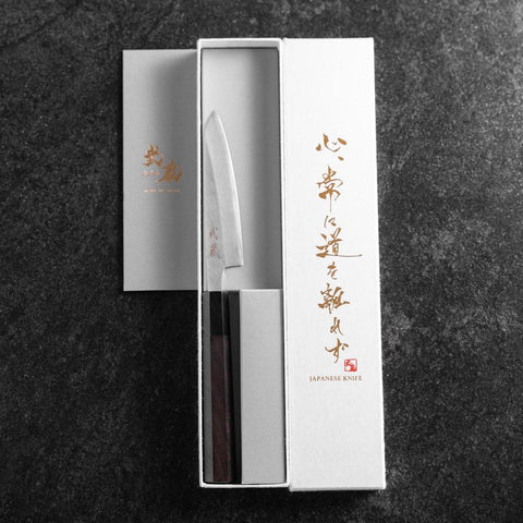 Petty White Steel #2 Revêtement inox Kasumi Manche en Buffle et Ébène 110mm-[Musashi]-[Couteaux de cuisine japonais]
