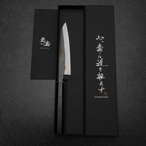 Petty White Steel #2 Revêtement inox Kurouchi Chokin Nami Manche en Buffle et Ébène 150mm-[Musashi]-[Couteaux de cuisine japonais]