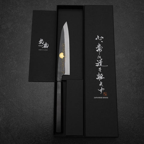 Petty White Steel #2 Revêtement inox Kurouchi Chokin Soleil-Nuage Chanceux Manche en Buffle et Ébène 150mm-[Musashi]-[Couteaux de cuisine japonais]