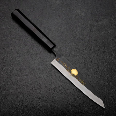 Petty White Steel #2 Revêtement inox Kurouchi Chokin Soleil-Nuage Chanceux Manche en Buffle et Ébène 150mm-[Musashi]-[Couteaux de cuisine japonais]