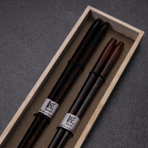 Rokkaku Akira (hexagone) Ensemble de baguettes japonaises en bois laqué 215mm Rouge et 235mm Noir avec boîte en bois de paulownia-[Musashi]-[Couteaux de cuisine japonais]