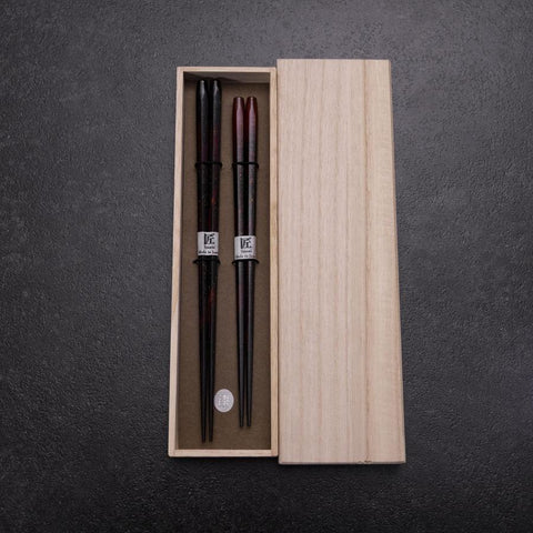 Rokkaku Akira (hexagone) Ensemble de baguettes japonaises en bois laqué 215mm Rouge et 235mm Noir avec boîte en bois de paulownia-[Musashi]-[Couteaux de cuisine japonais]