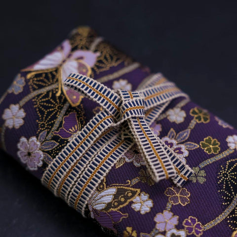 Rouleau pour Couteaux de Cuisine Style Japonais Musashi Violet et Or Papillon&Sakura 4 Poches Fait Main-[Musashi]-[Couteaux de cuisine japonais]