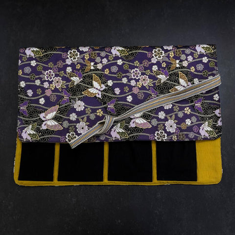Rouleau pour Couteaux de Cuisine Style Japonais Musashi Violet et Or Papillon&Sakura 4 Poches Fait Main-[Musashi]-[Couteaux de cuisine japonais]