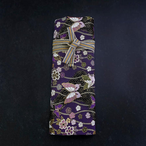Rouleau pour Couteaux de Cuisine Style Japonais Musashi Violet et Or Papillon&Sakura 4 Poches Fait Main-[Musashi]-[Couteaux de cuisine japonais]