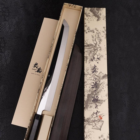 Sakimaru Takohiki White Steel #2 Lune-Fuji Eau Honyaki Manche en Buffle et Ébène 270mm-[Musashi]-[Couteaux de cuisine japonais]