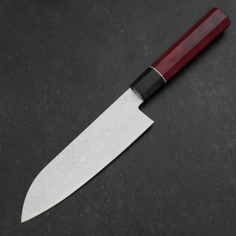 Santoku AUS-10 Damas Manche en Cerisier Rouge 170mm-[Musashi]-[Couteaux de cuisine japonais]