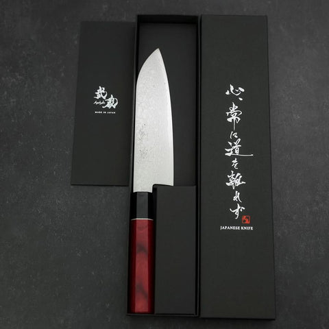 Santoku AUS-10 Damas Manche en Cerisier Rouge 170mm-[Musashi]-[Couteaux de cuisine japonais]
