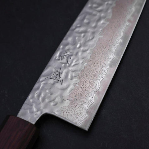 Santoku AUS-10 Miroir Tsuchime Damas Manche Urushi Pourpre 165mm-[Musashi]-[Couteaux de cuisine japonais]