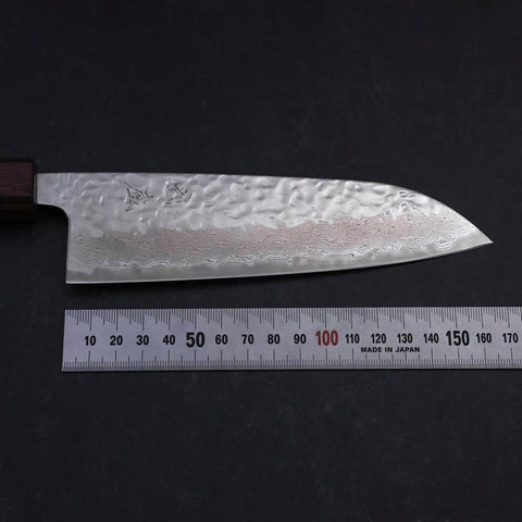 Santoku AUS-10 Miroir Tsuchime Damas Manche Urushi Pourpre 165mm-[Musashi]-[Couteaux de cuisine japonais]