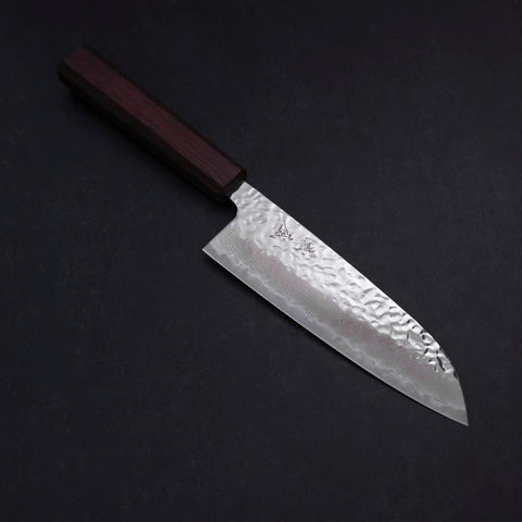 Santoku AUS-10 Miroir Tsuchime Damas Manche Urushi Pourpre 165mm-[Musashi]-[Couteaux de cuisine japonais]