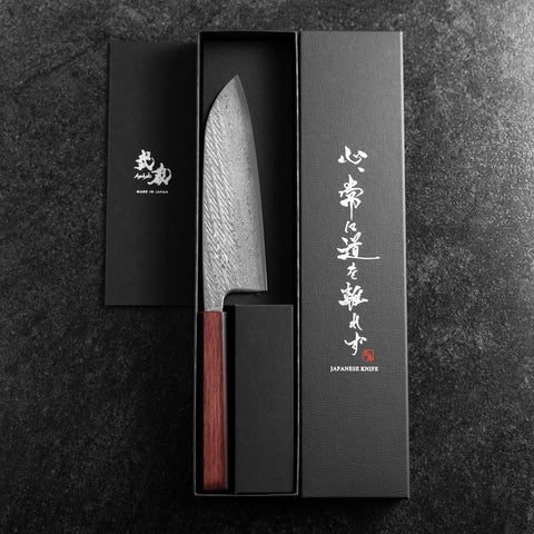 Santoku AUS-10 Nawame Damas Manche Urushi Pourpre 165mm-[Musashi]-[Couteaux de cuisine japonais]
