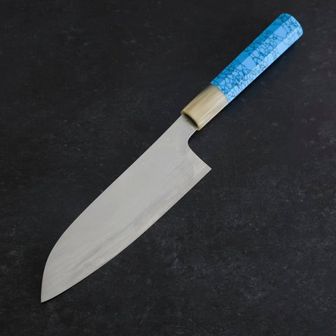 Santoku AUS-10 Nickel en Vagues Damas Manche en Buffle et Turquoise 170mm-[Musashi]-[Couteaux de cuisine japonais]